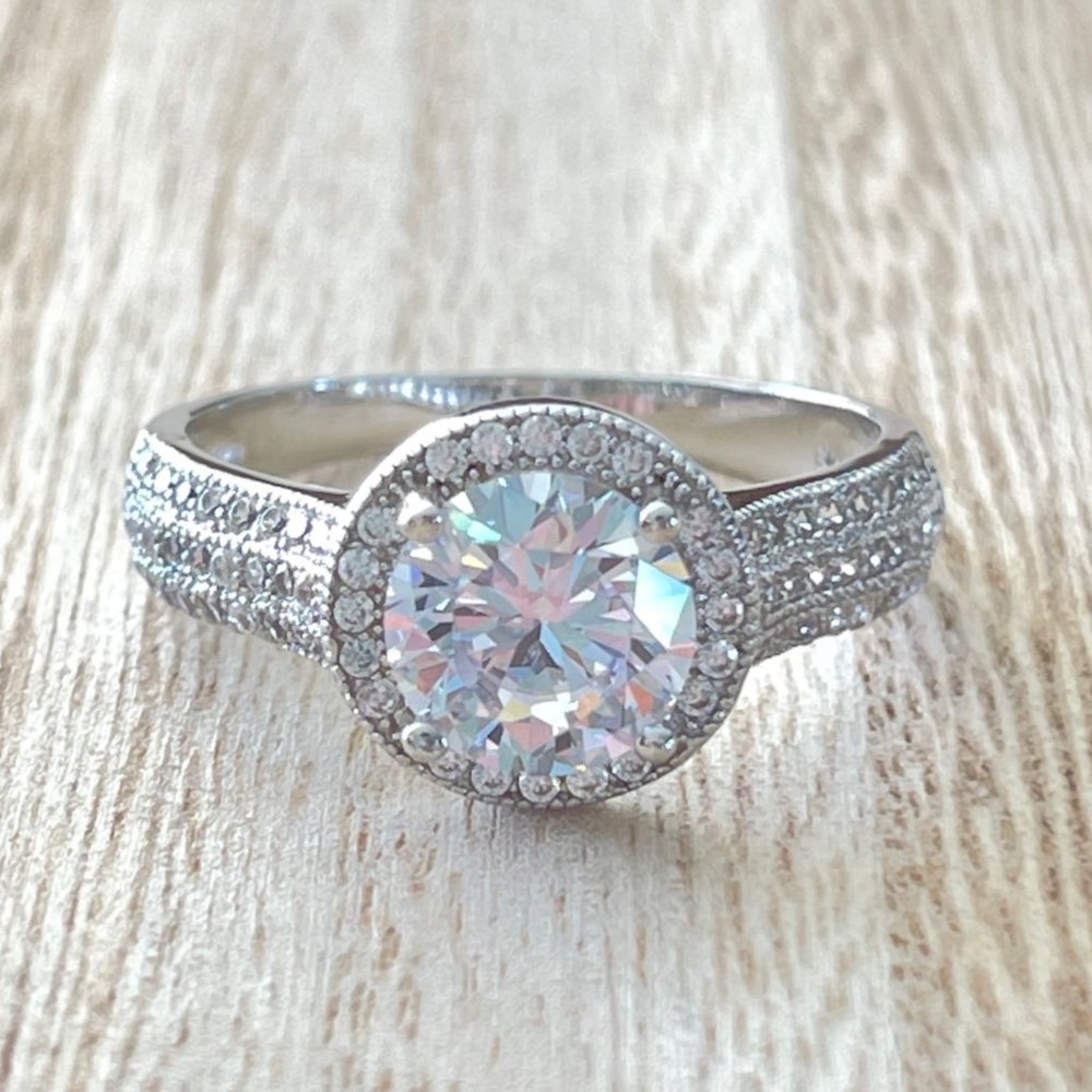 Round Sona Simulated Diamond Halo w/ Thick Pave Band - Platinum Plating